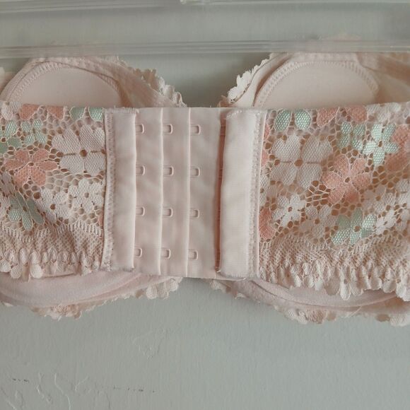 Miss Curiosity Strapless Bra 32B Peach Floral Lace Underwire *Missing Straps - Picture 5 of 7